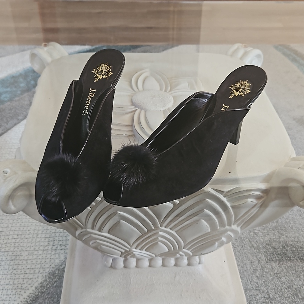 Jrenee  suede  peep-toe mules.  Size 9.5m, black  with furry  pom poms.